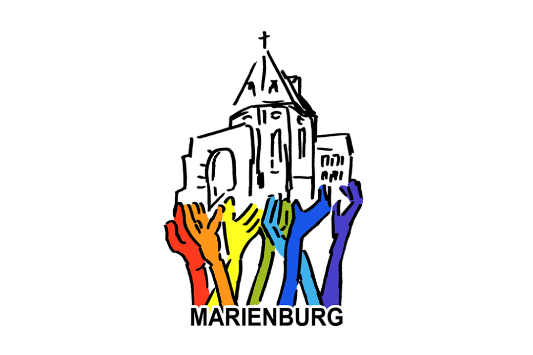 Das Logo zeigt eine stilisierte Zeichnung der Marienburg mit einem Kreuz auf dem Dach. Unterhalb der Burg erheben sich farbige Hände in den Farben des Regenbogens. Darunter steht das Wort „Marienburg“.